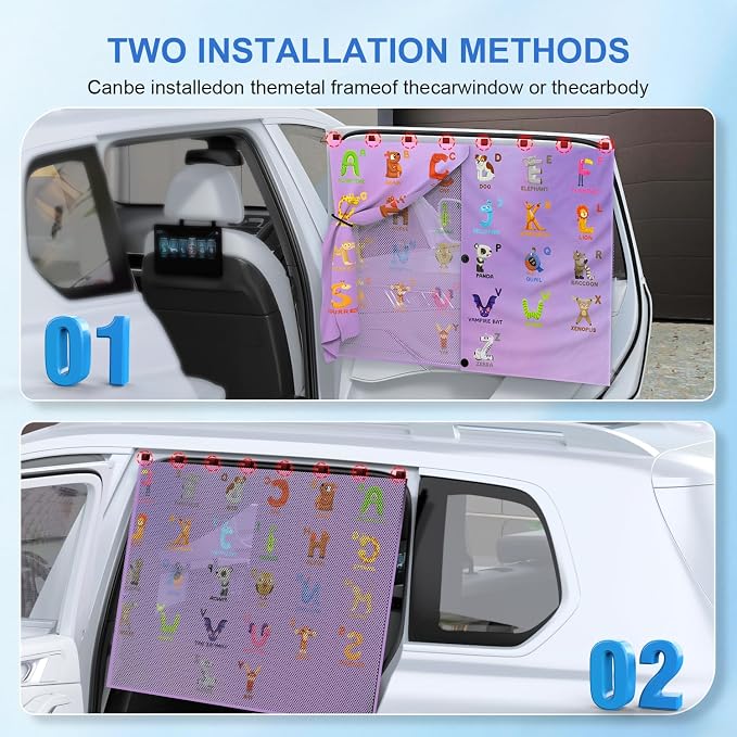 Car Window Shades, [Upgraded] 8 Strong Magnets Magnetic Side Window Sun Shade [2 Pack] - Dual Layer UV Ray Protection Car Sunshade for Baby, Kids & Pets.Animal Alphabet Pattern - Image 4