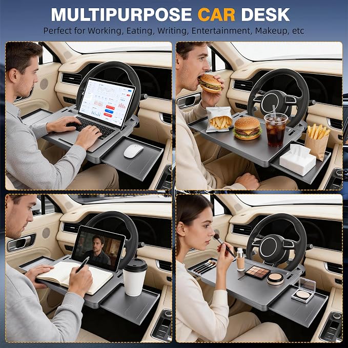 Car Steering Wheel Tray, Adjustable Laptop Desk with Drawer & Non-Slip Pad | Multipurpose Vehicle Tray, Non-Slip , Built-in Storage Drawer, Secure & Durable - Image 3
