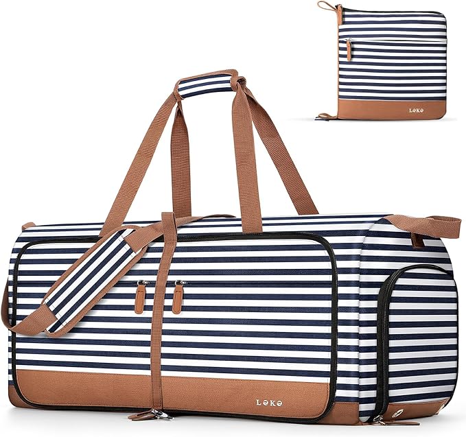 Lekesky Foldable Travel Duffle Bag for Women, 100L Large Duffel Bag with Separate Shoes Compartments & Straps, Carry On Weekend Bag for Women, Hospital, Overnight (Blue Stripes) by LEKESKY