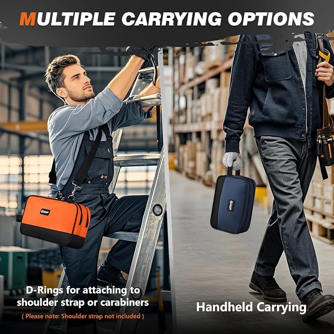 Tool Bag 2-Pack 12" 10", Divider Zipper Pouch, Small Tool Box Organizer | Waterproof, Heavy-duty Oxford, Smooth Zipper, Handle & D-Ring, Storage Case for Car Work Tool. Electrician Gift, Orange/Blue - Image 5