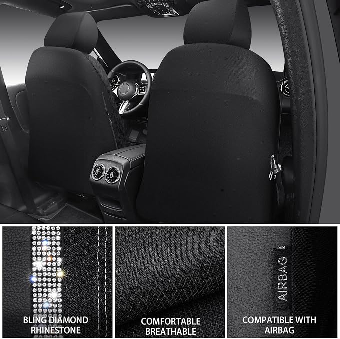 CAR PASS Memory Foam Mesh Bling Diamond Car Seat Cover 2 Front Seat Breathable Soft Sponge Universal Shining Glitter Sparkly Crystal Fit Armrest Automotive Truck SUV Cute Women Girl, Silver Rhinestone - Image 4