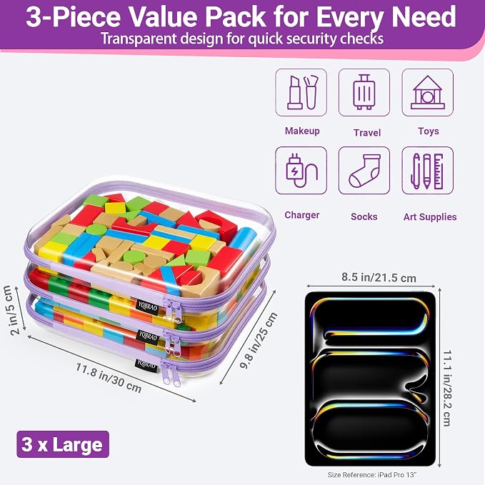 YQBRAO Clear Hard Shell Zipper Cases, 3 Large Travel Organizers, Purple | Rigid 1.2 mm PET and YKK dual zippers for full-size toiletries, makeup palettes, electronics and craft supplies - Image 4