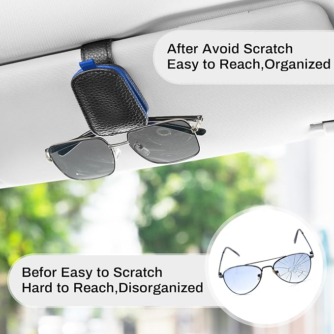 SINGARO Sunglasses Holder for Car, Leather Magnetic Buckle Sun Visor Sunglass Clip, Ticket Card Storage Glasses Clip, Car Interior Accessories for Men and Women（Black-Blue） - Image 6