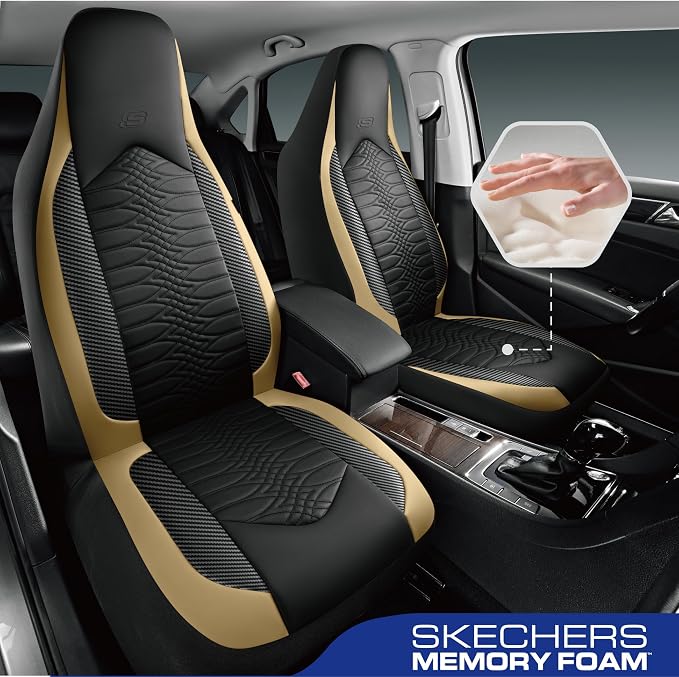 Skechers Memory Foam Car Seat Covers, Leather High Back Seat Covers Quilting Design,Waterproof Sports Car Seat Covers Full Sets,Airbag Compatible, Universal Fit for Most Cars, SUVs,Trucks,Beige - Image 2