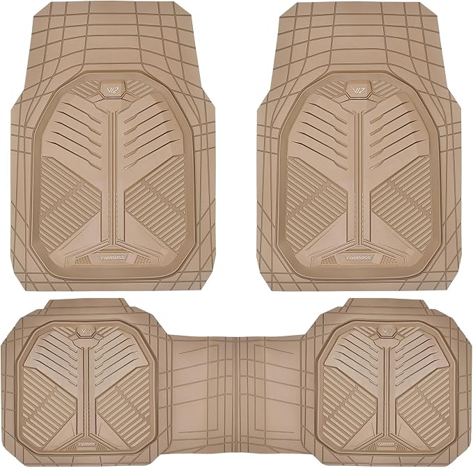CAR PASS Heavy Duty Rubber Car Mats, Deep Dish Car Floor Mats Full Set, Universal All Weather Automotive Mats 3 Pieces Trim to Fit for Sedans SUVs Trucks, Waterproof Anti-Slip Floor Mats, Full Beige - Image 8