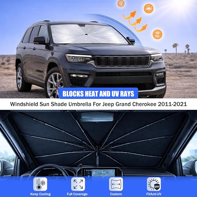 Car Windshield Sun Shade Umbrella for Jeep Grand Cherokee 2011-2021 | 2026 Upgraded,Custom-Fit Umbrella Sunshade,Easy Install,UV Protection & Heat Reflective,Keep Interior Cooler with Storage Bag - Image 3