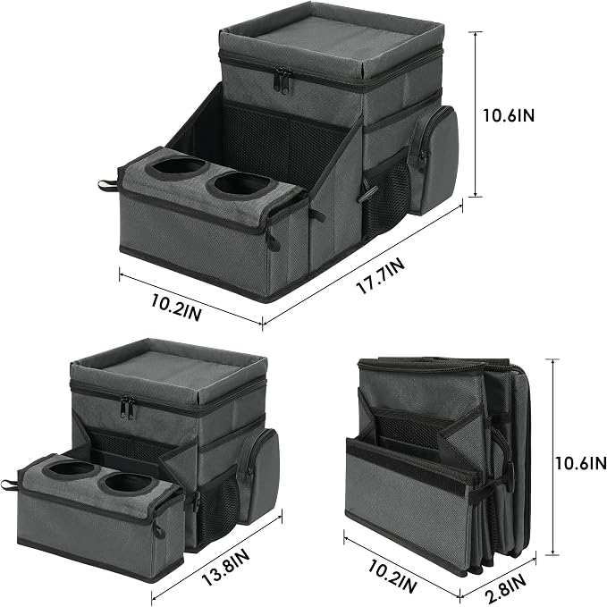 Backseat Organizer for Kids & Adults – Car Seat Cooler Warmer with 2-in-1 Writing Tray, Cup Holders & 11 Storage Compartments | Road Trip Car Organizer for Front & Back Seat (Grey) - Image 8