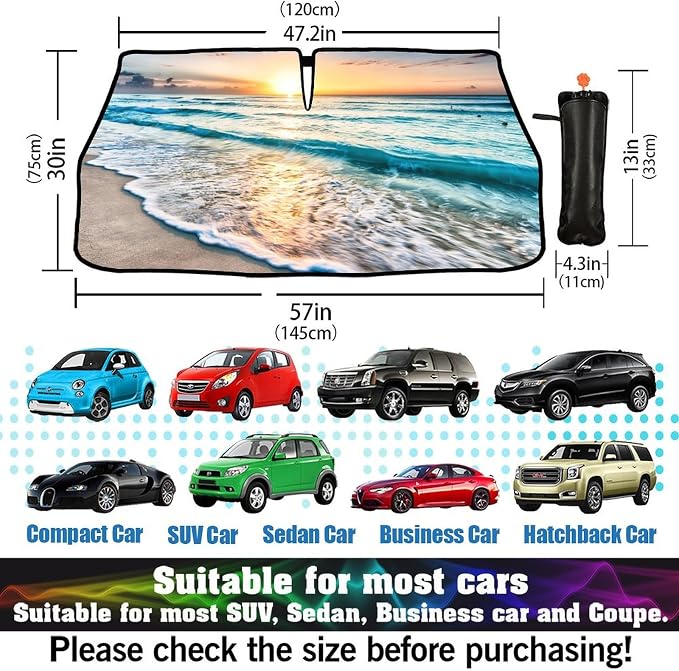 Socira Beach Sun Shade Car Windshield Umbrella Beach Sunshade Window Shades | Windshield Sun Shade Umbrella Beach Car Accessories Fits Most Trucks & SUVs 57'' x 30'' - Image 3