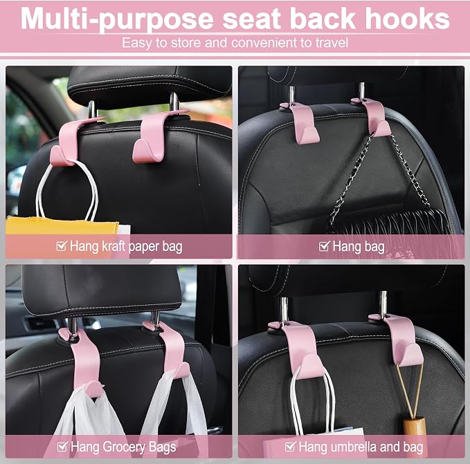 LivTee Car Seat Headrest Hook, Auto Seat Hook Hangers Storage Organizer Interior Accessories for Purse Coats Umbrellas Grocery Bags Handbag, 4-Pack - Pink - Image 5