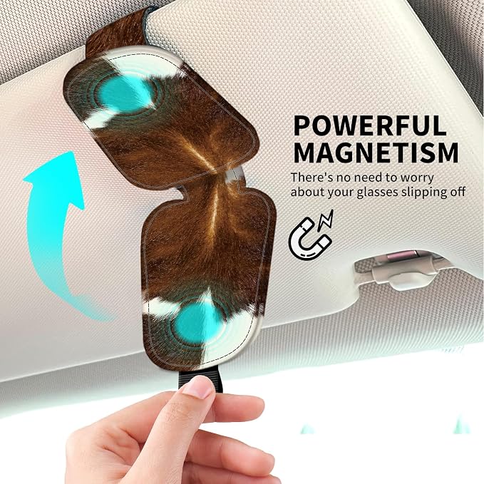 Leather Magnetic Sunglass Holder for Car Sun Visor, Cute Eyeglass Ticket Card Hanger Clip, Universal Auto Interior Accessories for SUV Pickup Truck, Cow Print - Image 3