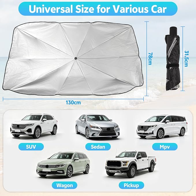 [2026 Upgrade] Windshield Sun Shade Umbrella, Foldable Car Front Window Sunshade with Titanium Coating, UV Rays Blocker & Heat Shield, Keep Vehicle Cool for Car SUV Truck RV Camper Sedan (51in x 31in) - Image 7