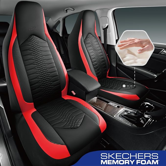 Skechers Memory Foam Car Seat Covers, Leather High Back Seat Covers Quilting Design,Waterproof Sports Car Seat Covers Front Seats,Airbag Compatible, Universal Fit for Most Cars, SUVs,Trucks,Red - Image 2