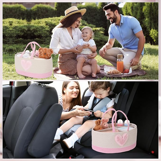 Aliceset Large Baby Diaper Caddy for Girl Boy Rope Nursery Storage Bin Basket Portable Holder Tote Bag for Changing Table Car Travel Baby Shower Gifts Newborn Essentials Registry Must Have(Pink Heart) - Image 5