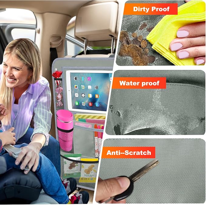 Car Backseat Organizer ，2 Pack Car Organizer Back Seat with 11" Tablet Holder, 10 Storage Pockets Seat Back Protectors Kick Mats for Kids Toddlers, Travel Accessories (Grey) - Image 3