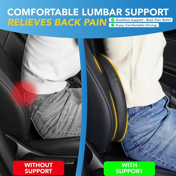 Lofty Aim Lumbar Support Pillow for Car, Car Seat Back Support for Driving | Memory Foam Car Lumbar Support for Driving Seat, Car Back Cushion, Adjustable Straps, Lower Back Pillow, PU Leather, Black - Image 4