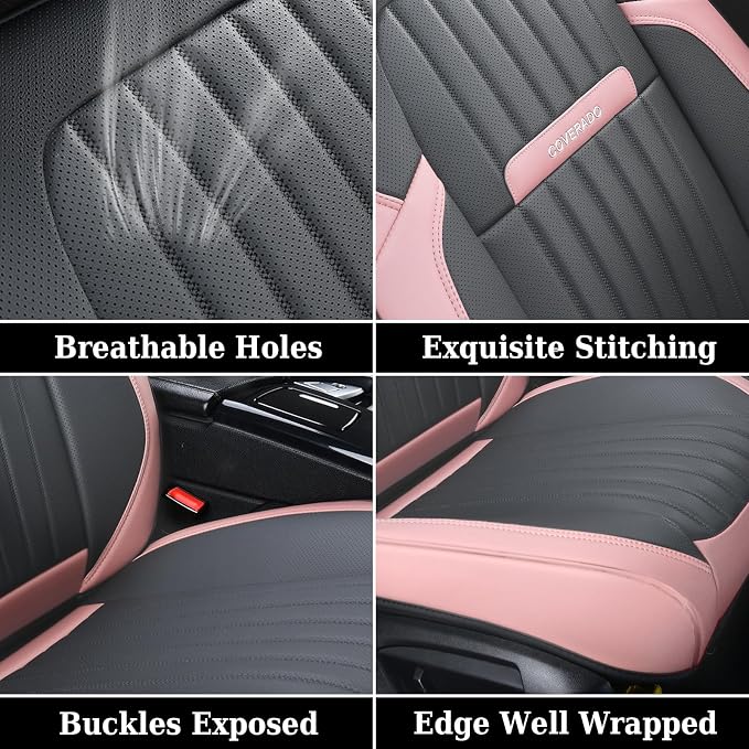 Coverado Car Seat Covers Front, Seat Covers for Cars, Waterproof 2-Pack Car Seat Cushions, Leather Carseat Seat Protectors, Universal Seat Covers Fit for Most Sedans SUV Pick-up Trucks(Pink&Grey) - Image 7