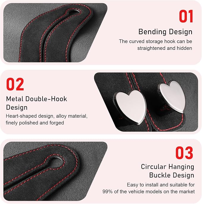 2 PCS Car Seat Headrest Hooks, Cute Heart Shape Purse Hook, Suede Seat Back Storage Hanger, Multifunctiona Car Accessories for Women (Black) - Image 4