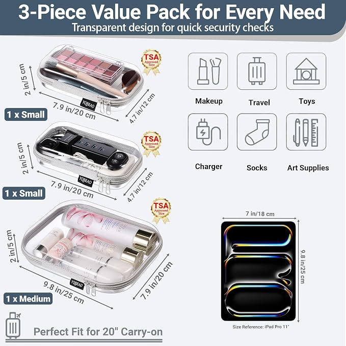 YQBRAO Clear Hard Shell Organizer Cases, 3-Pack, Gray | Rigid 1.2 mm PET organizers with multi-size design for travel storage, home use, and everyday essentials - Image 4