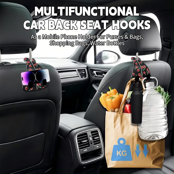 XIANGYUAN 2PCS PU Leather Car Seat Back Storage Headrest Hook,Purse Holder Bags Hanger,Women Car Accessories Organization(Red cherries) - Image 5