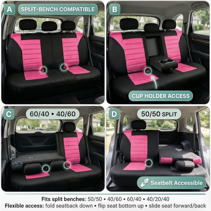 FH Group Automotive Car Seat Covers Rear Set Premium 3D Air Mesh Seat Covers, Airbag Compatible and Split Bench Cover Universal Fit Interior Accessories for Cars Trucks and SUVs - Pink - Image 2