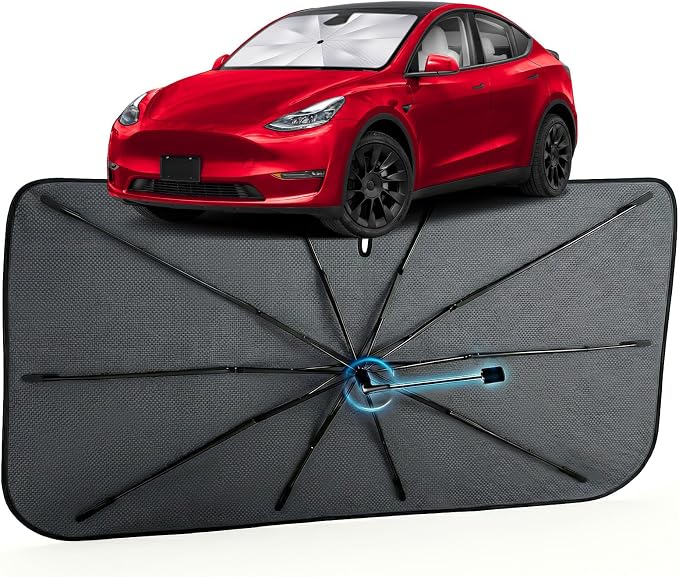 Car Windshield Sun Shade Umbrella for Tesla Model Y 2020-2026, 1:1 Fit | [Reflective Coated Fabric] Car Shades Sun Visor Keep Car Cool and Protects Interior, Sunshade Umbrella for Front Window by MakeLifeBetter
