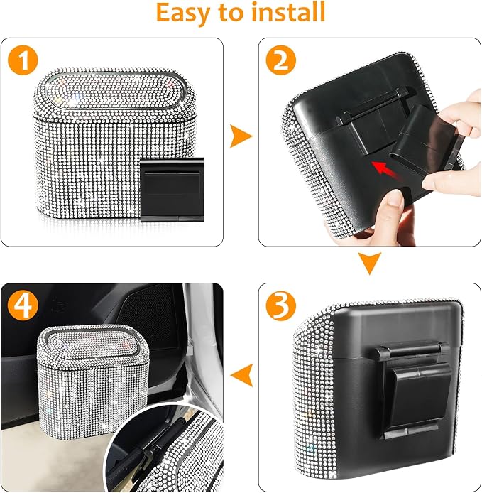 Accmor Bling Car Trash Can with 30pcs Garbage Bags, Vehicle Trash Bin with Lid Auto Dustbin Organizer Garbage Storage, Sparkling Crystal Mini Trash Container Holder - Image 4