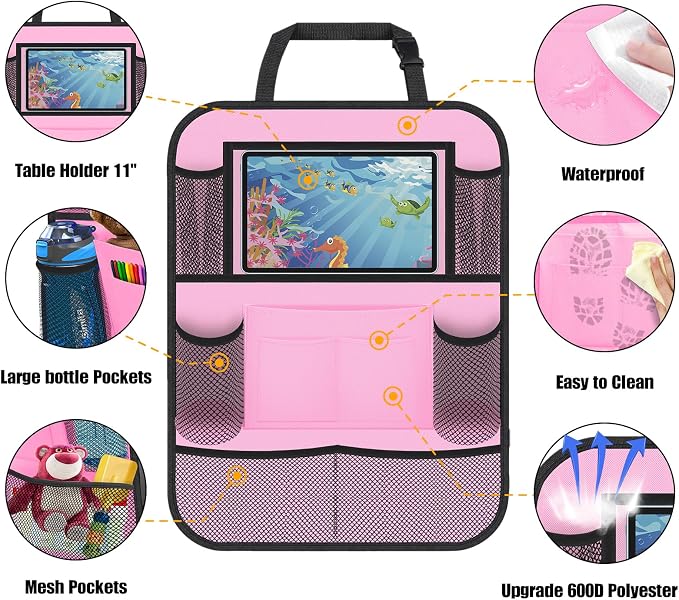 Backseat Car Organizer w/ 10 Storage Pockets, 11" Tablet Holder, 2 PCS Pink | Car Organizers and Storage Kick Mats Back Seat Protector w/ Touch Screen Tablet Holder for Kids Toddlers, Travel Accessories - Image 2