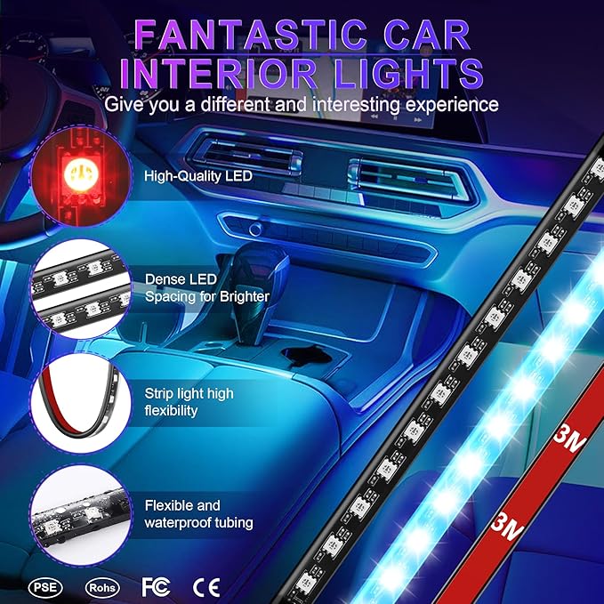 LivTee Car Led Interior Lights，4pcs 48 LED Multicolor Music Car Interior Accessories Under Dash Lighting Waterproof Kit with Sound Active Function and Wireless Remote Control, Car Charger Included - Image 6