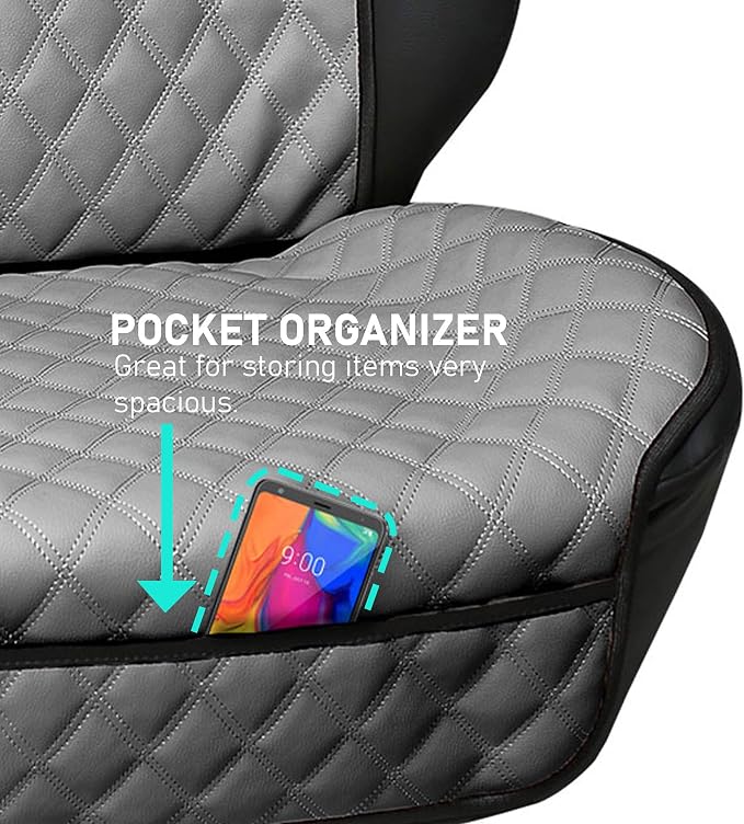 FH Group Car Seat Cushion – Faux Leather Single Front Seat Cover with Front Pockets, Airbag Compatible, Universal Fit Car Seat Cushion for Driver or Passenger Seat, SUV, Truck, Sedan & Van – Gray - Image 2