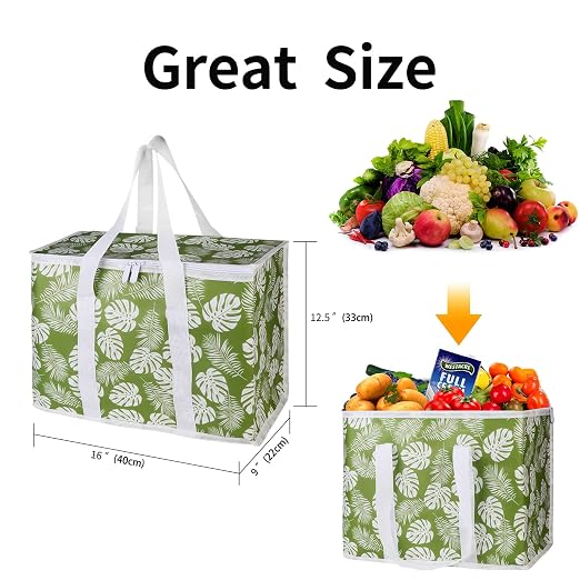 musbus 2-Pack extra Insulated Grocery shopping bag, large Green leaf, kitchen foldable reusable bags groceries,Sturdy zipper,Collapsible,tote,cooler,for transport women,Durable carrier - Image 3