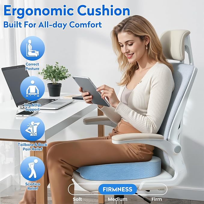 CushZone XL Memory Foam Seat Cushion for Office & Car, Light Blue | U-shaped Coccyx Cutout, Contoured Design, Breathable Removable Mesh Cover, Non-Slip Base, Carry Handle - Image 6