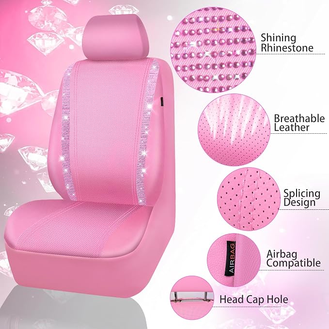 CAR PASS Bling Diamond Car Seat Covers, Shining Rhinestone Waterproof Faux Leather Pink Car Accessories Two Front Only Universal Fit Auto Glitter Crystal Sparkle Strips for Cute Women Girl, Pink - Image 5