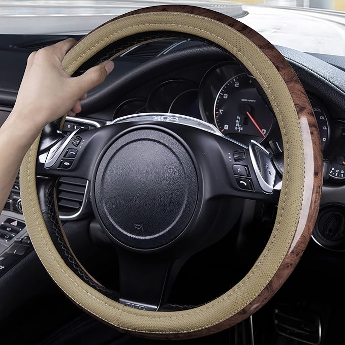 CAR PASS Wood Grain 14.5-15 inch Microfiber Leather Steering Wheel Cover, Anti-Slip Veins Design Steering Wheel Universal Fit for Most Cars, Sedans, SUV， Beige - Image 3
