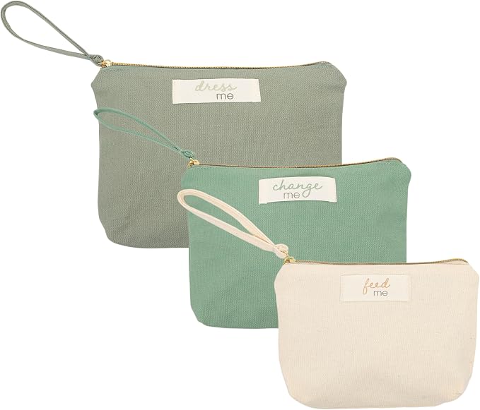 Pearhead Baby Diaper Bag Organizing Zipper Pouches, Set of 3 | Feed Me Change Me Dress Me, Recycled Cotton, Gender-Neutral New Mom Essentials, Zip Bags, Organized in Style by Pearhead