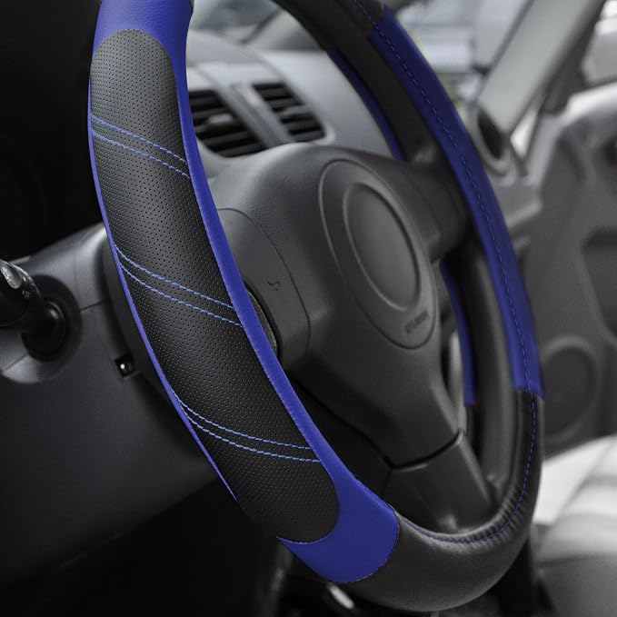 Elantrip Steering Wheel Cover Leather 14 1/2 to 15 inch Universal Padded Soft Grip Breathable for Car Truck SUV Jeep Anti Slip Blue and Black - Image 3