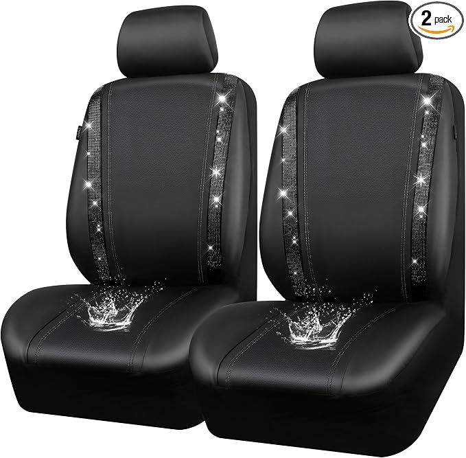 CAR PASS Leather Bling Diamond Car Seat Covers 2 Front Interior Sets, Waterproof Universal Shining Glitter Crystal Sparkle Fit for 95% Automotive Truck SUV Cute Women Girl, Black Rhinestone by CARPASS