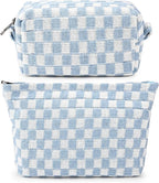SOIDRAM 2 Pieces Makeup Bag Large Checkered Cosmetic Bag Capacity Canvas Mix Travel Toiletry Bag Organizer Cute Makeup Brushes Aesthetic Accessories Storage Bag for Women, Checkered Mix Blue by SOIDRAM
