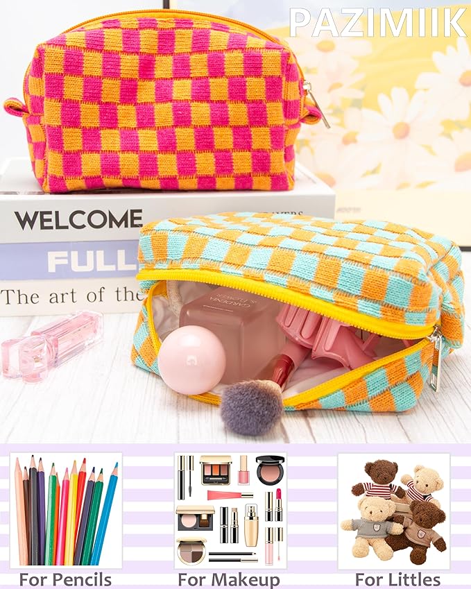 Checkered Makeup Bag for Purse, Small Travel Cosmetic Pouch,Orange Green | Cute Zipper Makeup Organizer for Women, Travel Essentials, Toiletries, Makeup Brushes, Beauty Accessories&Bridesmaid Gifts - Image 3