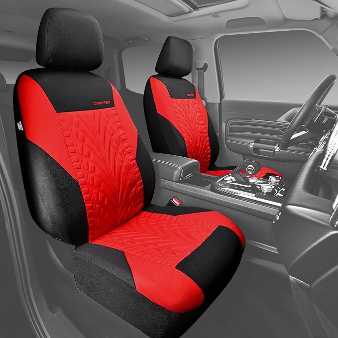 CAR PASS Car Seat Covers Two Front Only for Car, 3D Tyre Print Automotive Interior Covers, Airbag Compatible, Quick Setup Universal Fit Seat Covers for Car, Truck, SUV(Black Red) - Image 3