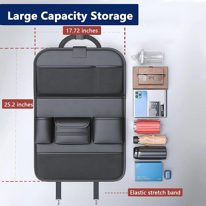 2-Pack Backseat Car Organizers with Tray, Black | Premium Car Seat Back Kick Mats, Backseat Protector Hanging Storage, Foldable Tray, 9 Deep Pockets, 21"x17"; Universal Fit - Image 6