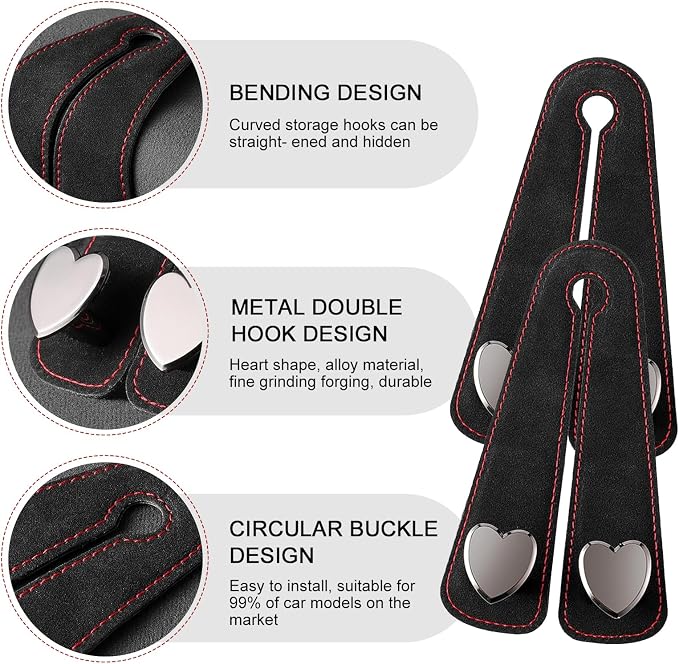 2 PCS Car Headrest Hooks, Suede Heart Rear Seat Double Hooks for Purses Bags Phone Umbrella, Soft Strong Load-bearing Decoration Hanging Organizer, Universal for Most Cars (Black) - Image 4