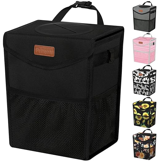 Pritent Car Trash Can with Lid Leakproof Car Garbage Bag Vehicle Trash Bin | Hanging Automotive Garbage Can,Multipurpose Car Accessories for Women Men Interior Car Storage Organizer(2.8 Gal,Black) by Pritent
