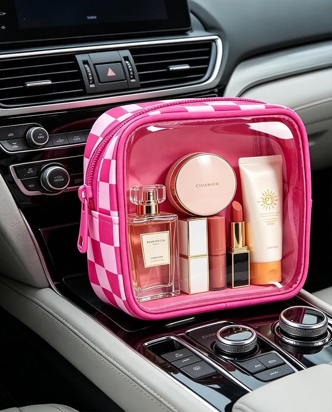Clear Checkered Makeup Bag, Small Cosmetic Pouch with Zipper Mini Waterproof Makeup Purse Organizer Cute Cosmetic Bag Travel TSA Approved Toiletry Bag Car Organizer for Women Girls (Rose) - Image 4