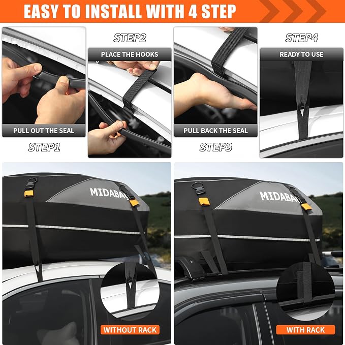 MIDABAO Waterproof Duty Car Roof Top Carrier-Car Cargo Roof Bag Car Roof Top Carrier - Waterproof & Coated Zippers- Includes Anti-Slip Mat- for Cars with or Without Racks (12 Cubic feet) - Image 4