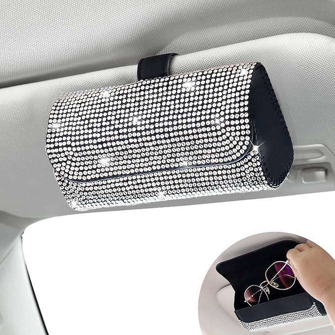 Accmor Bling Sunglasses Holder for Car Sun Visor, Sparkling Eyeglasses Car Visor Clip Storage Glasses Organizer Case, PU Leather Auto Sunglass Holder Protective Box for Truck, SUV, RV (White) by Accmor