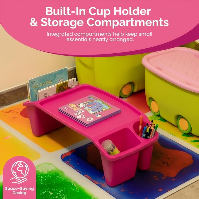 Set of 12 Pink Activity Desk Tables with Built-In Cup Holder and Storage Compartments, Multipurpose Lap Trays for Home Learning, Art Activities, Snack Time, Floor-Based Tasks, and Raised-Leg - Image 3