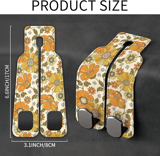 Car Seat Back Storage Headrest Hook, Premium Leather Double Metal Hook, Hanger Storage Organizer for Purse Cloth Bag, Car Interior Accessories Boho Orange Flowers - Image 5