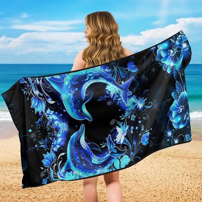 Blue Dolphin Car Seat Cover Towel with Storage Bag Neon Dolphin Car Interior Accessories for Women Men Sweat Auto Interior Seat Protector Running Yoga Hiking After Gym Sweat Towels Universal - Image 5
