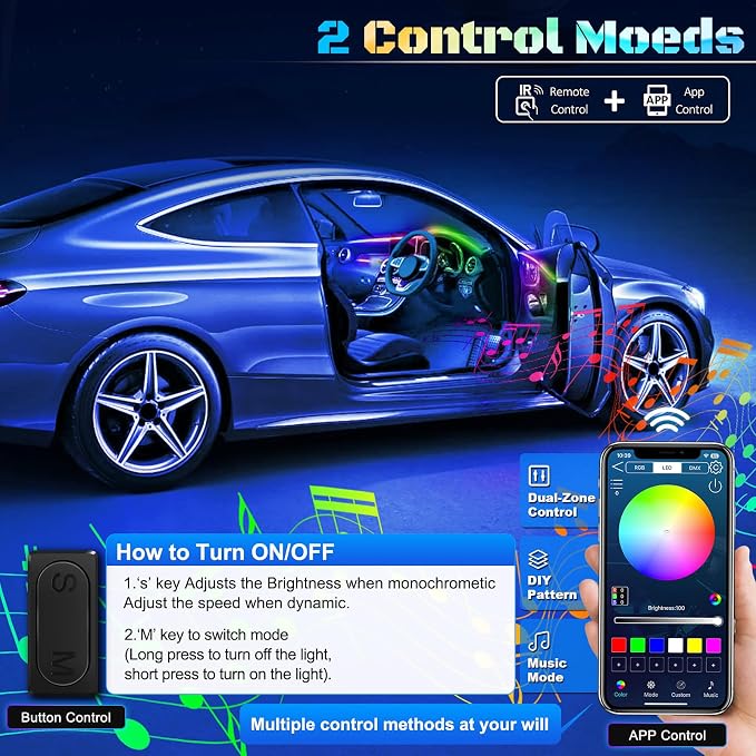 Dreamcolor Acrylic Interior Car LED Strip Light with Wireless APP, Dual Zone RGB 22 in 1 with 175 inches 600 LEDs Fiber Optic Ambient Lighting Kits, Music Sync Neon LED Strip for Car Accessories - Image 4