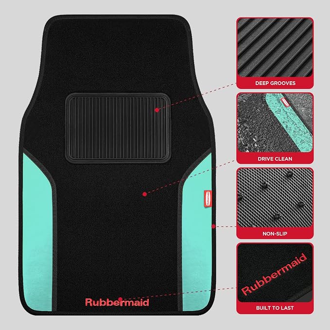 Rubbermaid Car Mats, Carpeted Floor Car Mat with Faux Leather & Built-in Heel Pad, Two-Tone Car Rug Floor Mats, Stylish Carpeted Floor Mats for Cars, Trucks & SUVs Mint Color - Image 3